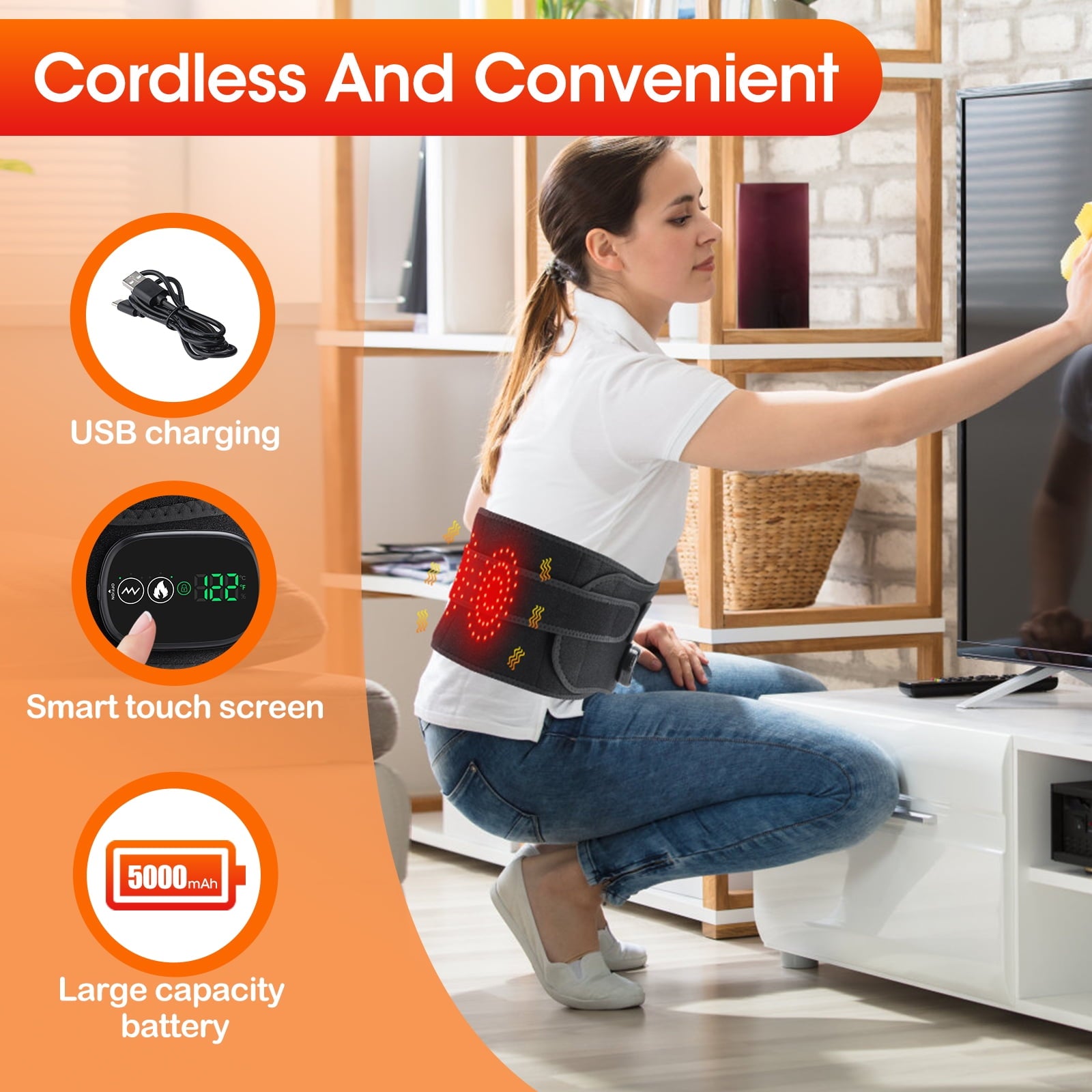 Cordless Heating Pad for Back Relief, Waist Massager 5000Mah Electric Lower Back Massage, Abdominal Back Heating Brace for Women Men, Black